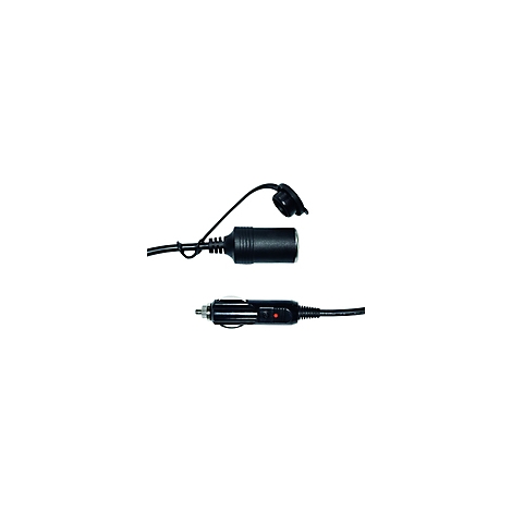 Ein schwarzes 12V-Adapterkabel mit Buchse und Stecker, auf weißem Hintergrund.