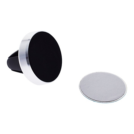 Magnetische Handyhalterung mit silbernem Rand und schwarzer Auflage sowie eine runde Metallplatte.
