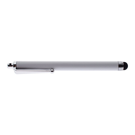 Ein weißer Eingabestift mit silbernem Clip vor einem weißen Hintergrund.