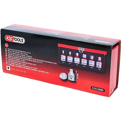 Rote und schwarze Werkzeugbox mit KS TOOLS Logo. Enthält sechs Steckschlüsseleinsätze und einen Aufsatz.