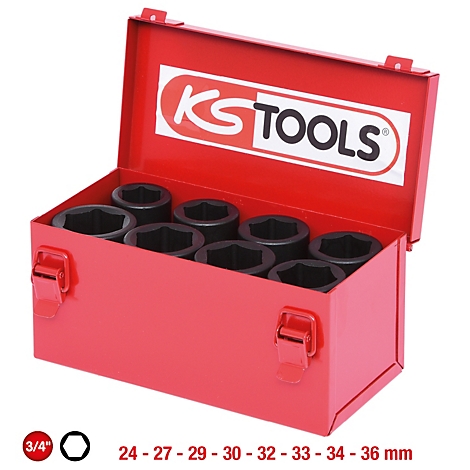 Roter Werkzeugkasten mit schwarzen Steckschlüsseln. Auf dem Deckel steht "KS TOOLS". Unten sind Größenangaben.