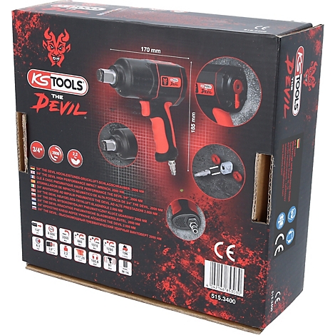 Eine KS TOOLS THE DEVIL-Schlagschrauber-Box. Der Hintergrund ist rot und schwarz, das Produkt ist abgebildet.