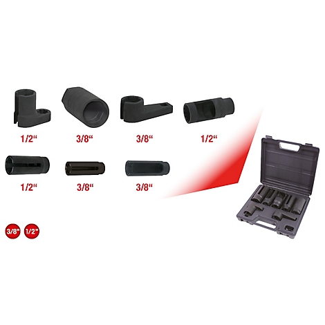 Eine Auswahl an schwarzen Spezialschlüsseln auf weißem Hintergrund, einige in einem Koffer, mit Größenangaben.