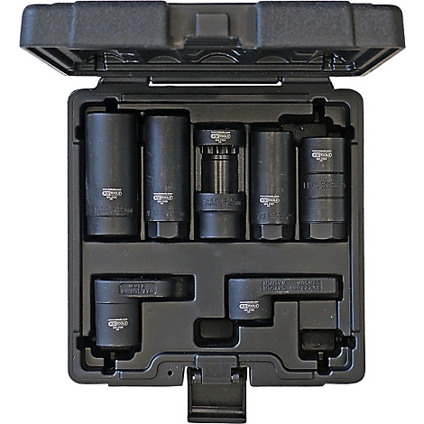 Schwarzer Werkzeugkoffer mit verschiedenen Schraubenschlüsseln und Zubehör.