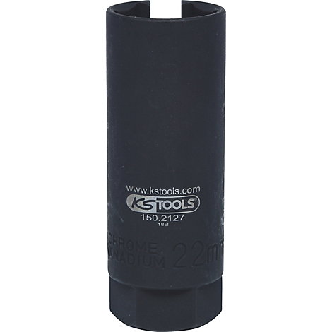 Schwarze Steckschlüssel-Nuss mit KS Tools-Logo, 22 mm. Mit Aufdruck: "CHROME VANADIUM".