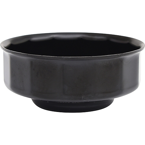Schwarze, zylinderförmige Schüssel mit glänzender Oberfläche.