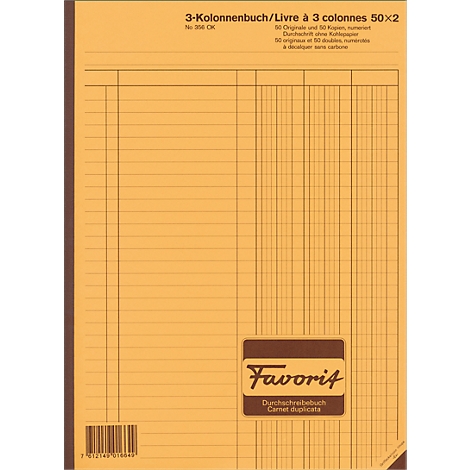 Yellow notebook with columns, text in German and French, brown Favorit logo.