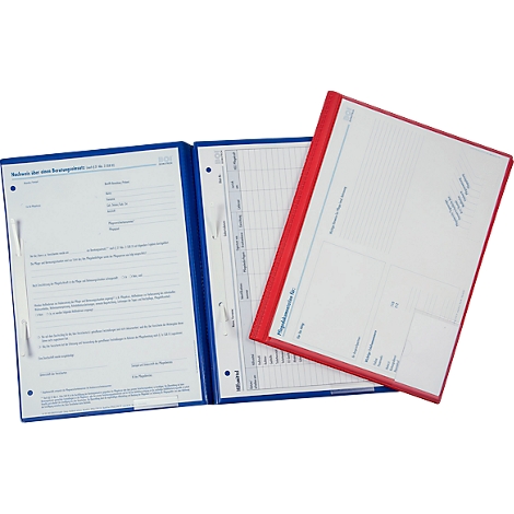 Drie mappen naast elkaar. Blauwe en rode mappen met witte vellen. Op een vel staat 'Schrift der neuen Impfgenemigungen'.