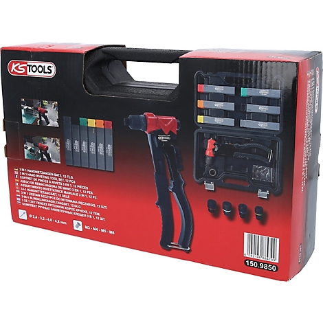 Rote und schwarze Nietzange im Koffer. Auf der Verpackung steht KS TOOLS und verschiedene Sprachen.