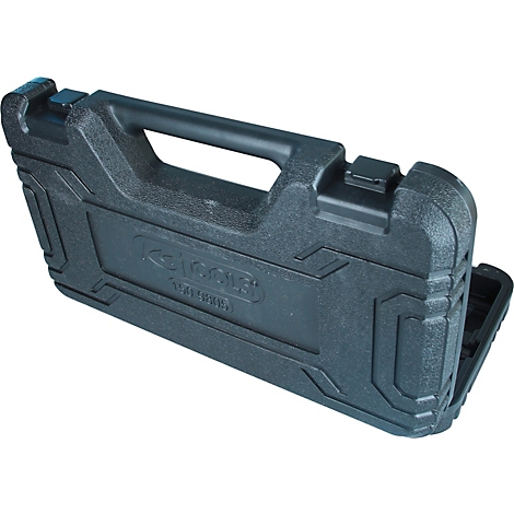 Schwarzer Werkzeugkoffer, geöffnet, mit Griff und Herstellerlogo.