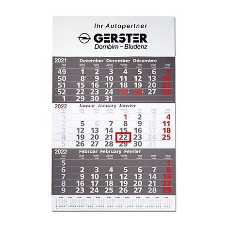 3-Monats-Kalender, mit Datumschieber, B 300 x H 390 mm, Werbedruck 280 x 80 mm, diverse Farben 