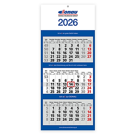Kalender der Vienna Insurance Group. Jahr 2026. Der 14. Tag im Januar ist rot markiert.
