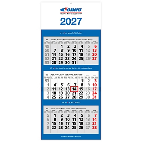 Blau-weißer Wandkalender für 2027 mit Logo, Jahresübersicht, hervorgehobenen Daten. Roter Rahmen um den 14. eines Monats.