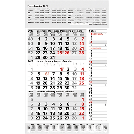 Kalender für 2026. Monatliche Übersichten mit Datumsangaben und Ferienzeiten.