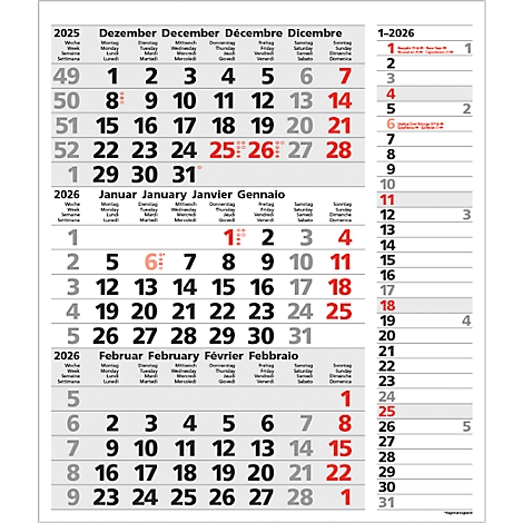 Ein Kalender zeigt die Monate Dezember 2025, Januar und Februar 2026. Rote Zahlen markieren Feiertage oder Wochenenden.