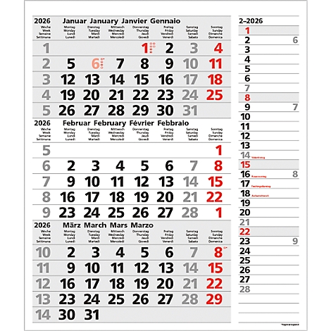 Ein Kalender für 2026, der die Monate Januar, Februar und März in verschiedenen Sprachen zeigt. Rote Markierungen für bestimmte Daten.