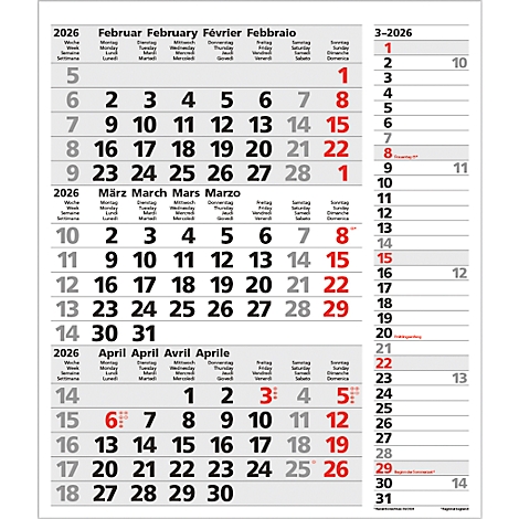 Ein weisser Kalender für 2026 mit den Monaten Februar, März und April. Rote Zahlen markieren Feiertage.