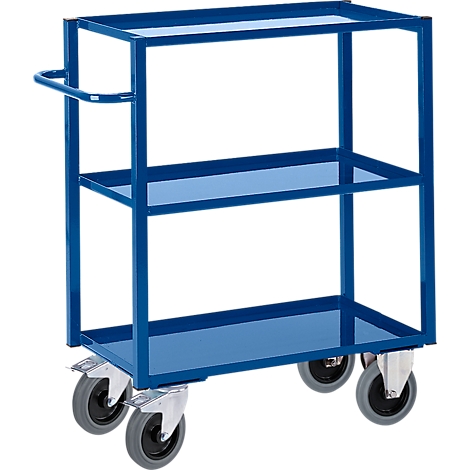 Blue serving cart with three shelves and wheels.