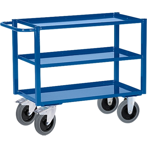 Blue cart with three levels and four wheels. The handle is curved.