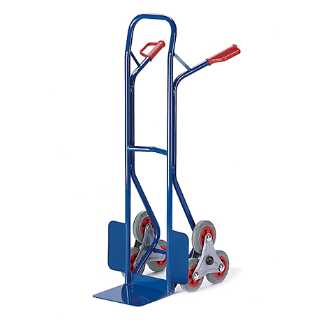 Blue stair climber with red handles and grey wheels, against a white background.