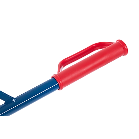 Close-up of a blue metal tube with a red handle.