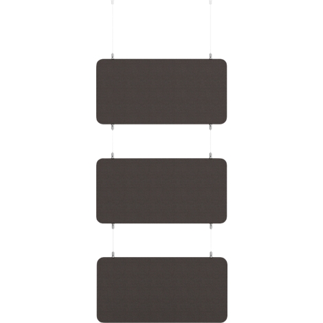 Drie rechthoekige, donkergrijze panelen met afgeronde hoeken die aan dunne touwen hangen.