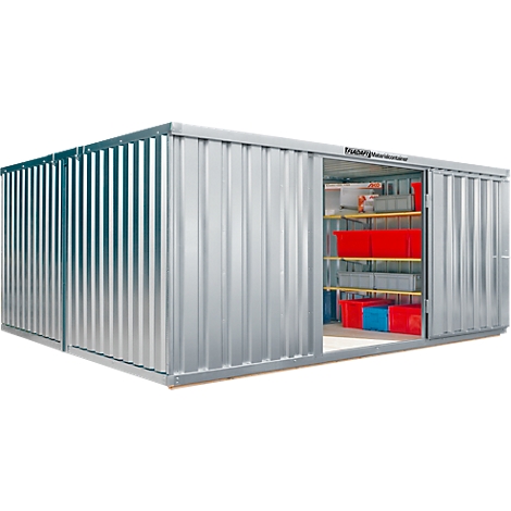 Metal shed with sliding door, interior with shelves and boxes. The lettering 'frueberg' is visible.