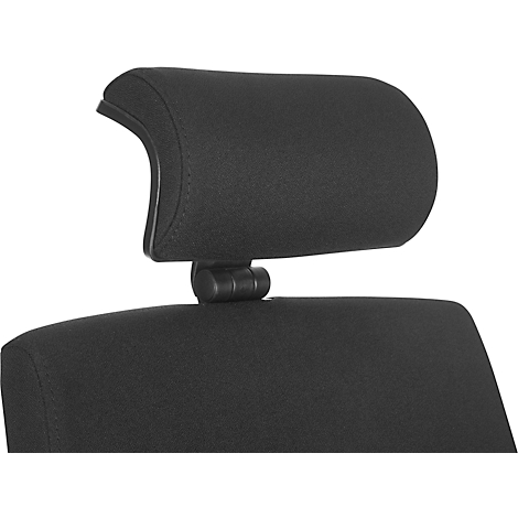 Close-up of a black headrest. It's attached to an office chair. The angle is adjustable.