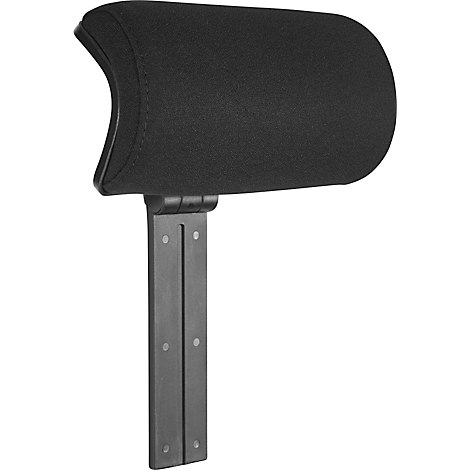 Black headrest with rectangular cushion and adjustable holder. Detail shot.