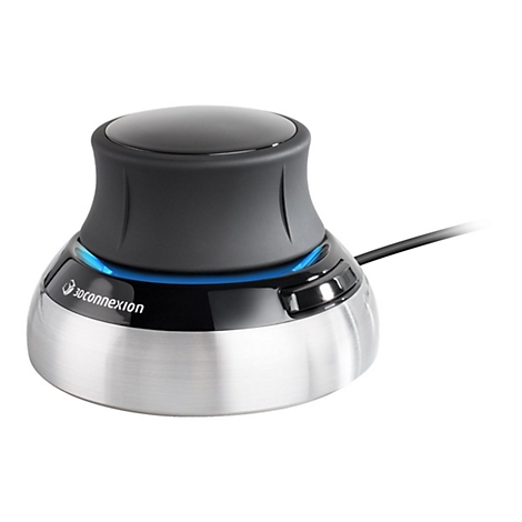 Un contrôleur de souris 3Dconnexion. L'appareil a une base ronde en métal brossé, une section centrale noire et un dessus noir. Il y a une lumière bleue.