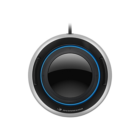 Appareil d'entrée rond et argenté avec une surface noire et un éclairage bleu.