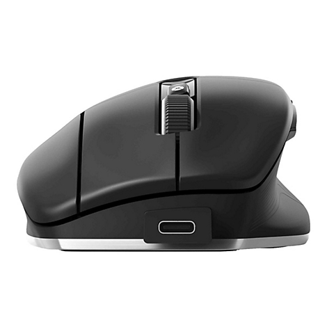 Vue détaillée d'une souris ergonomique noire, avec un port USB-C, une molette de défilement et un bord inférieur métallique.