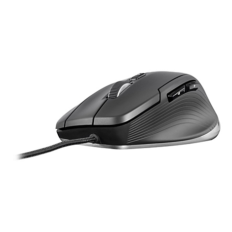 Souris d'ordinateur noire sans fil avec boutons latéraux et molette de défilement. Câble tressé, fond blanc.