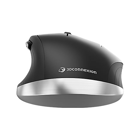 Ein ergonomischer 3Dconnexion-Maus, schwarz mit silbernem Rand und Logo.