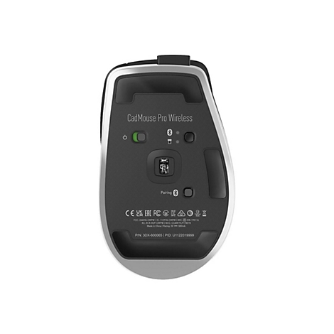 Draufsicht auf eine graue und schwarze CadMouse Pro Wireless. Auf der Unterseite befinden sich der Ein-/Ausschalter, Pairing-Taste und Produktinformationen.