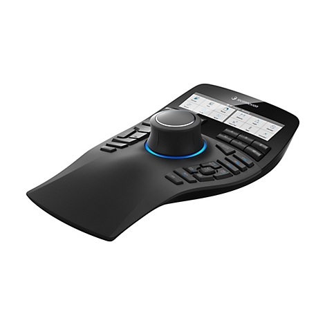 Schwarzer 3Dconnexion 3D-Maus-Controller mit Touchscreen und zahlreichen Tasten. Der Controller hat ein modernes Design mit einer ergonomischen Form.