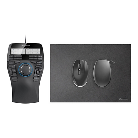 Draufsicht auf ein 3Dconnexion-Geräte-Set. Es umfasst ein Steuergerät mit Display und Tasten, eine Maus, ein Etui und eine graue Matte.