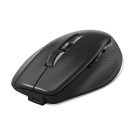 Schwarze ergonomische Maus. Sichtbar: Maustasten, Scrollrad und USB-C-Anschluss.