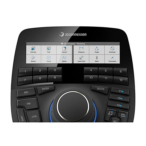 Appareil 3Dconnexion noir avec boutons et écran pour la conception 3D. L'écran affiche divers outils de conception.