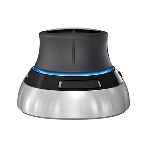 Un contrôleur de souris 3D ergonomique. L'appareil a un dessus noir, une barre bleue et une base argentée.
