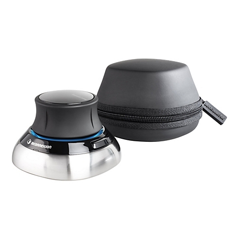 Un contrôleur de souris 3Dconnexion avec un dessus noir et rond, une base argentée et un étui gris zippé.