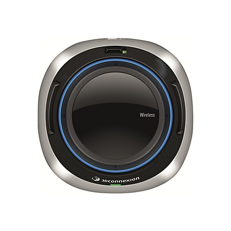 Contrôleur sans fil. Appareil rond avec bord argenté, centre noir et anneau bleu. Mot "Wireless".