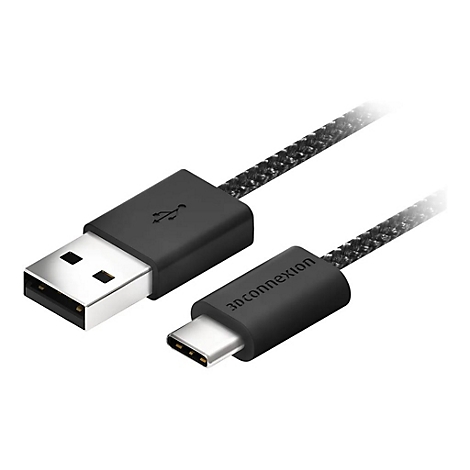 Schwarzes USB-Kabel mit USB-A- und USB-C-Anschlüssen. Der Kabelmantel ist schwarz-grau gewebt.