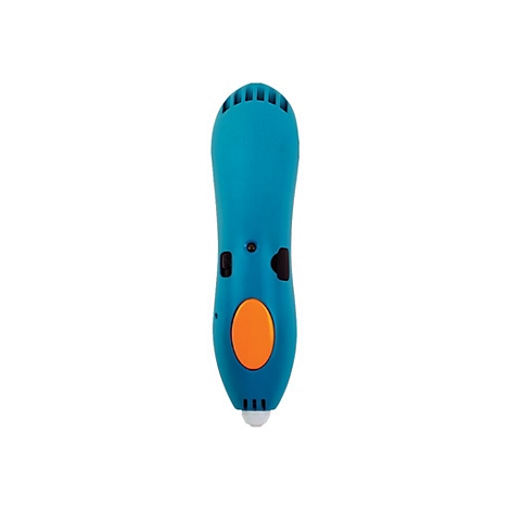 Ein blauer 3D-Druckstift mit einem markanten orangefarbenen Knopf und Bedienelementen vor weißem Hintergrund.
