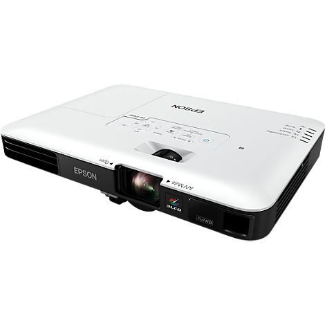 A white Epson projector on a white background. The projector has black accents and a black lens ring.