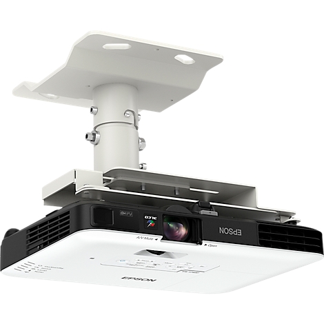 White and black ceiling projector mounted on a bracket. The Epson logo is visible.