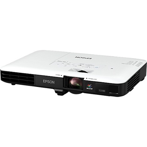 White Epson projector with black front. The lens is in the center, the Epson logo is clearly visible.