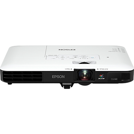 A white Epson projector. The lens is in the center of the front, with the Epson logo below it.