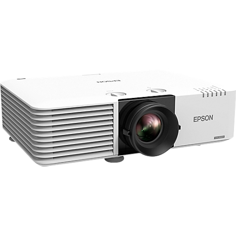 White Epson projector, side view. With lens and Epson logo. Fan slots.
