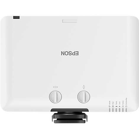 White projector with EPSON logo. Two dials and a terminal strip on the right.